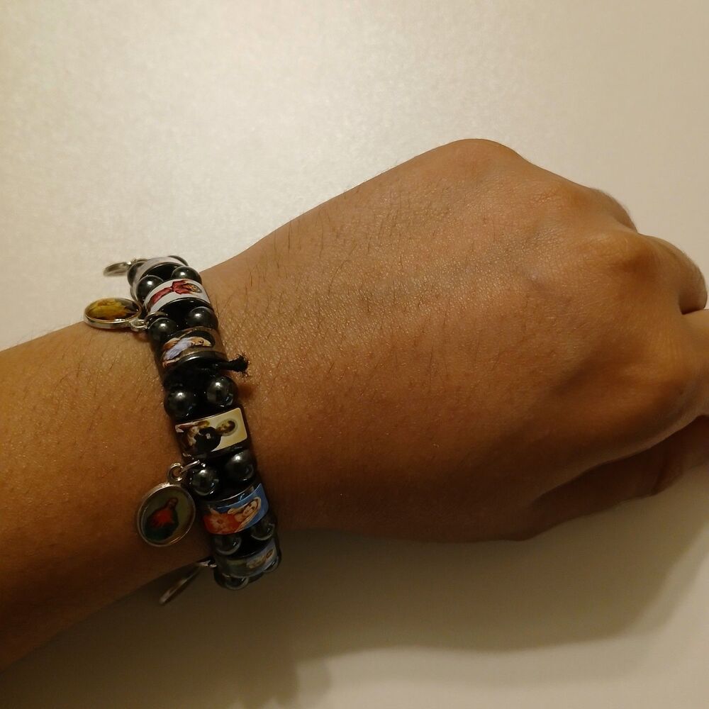 VTG Hematite Religious Icon Tile Bracelet Catholic Saints Charms Cross Stretchy - Picture 2 of 8